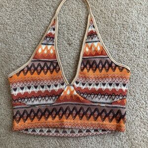 Geo-Pattern Halter Knit Crop Top in Orange & Brown